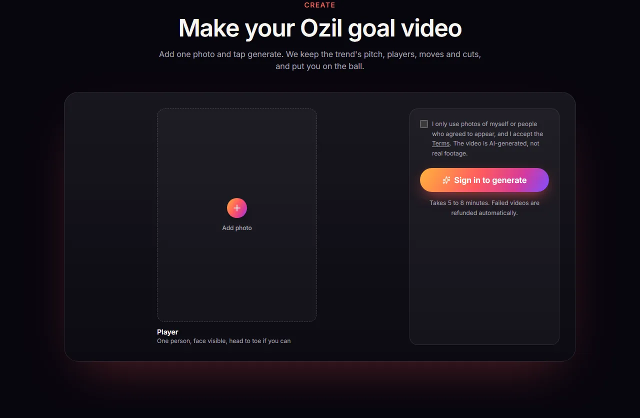 Der Ozil Goal AI Generator mit leerem Fotoplatz