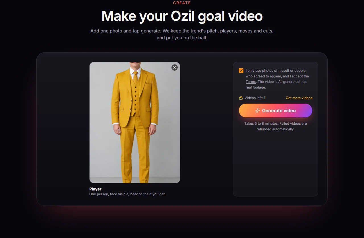 Ein Foto eines Mannes im gelben Anzug im Ozil Goal AI Generator