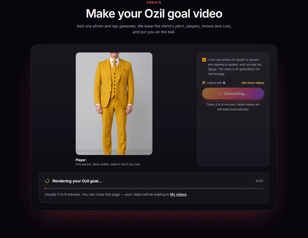Der Ozil Goal AI Generator, während das Video gerendert wird